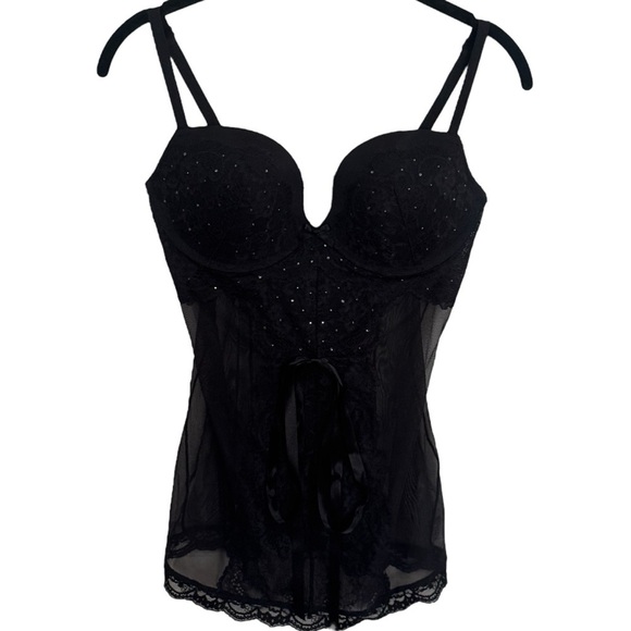 Victoria’s Secret Black Rhinestone Sheer Lacey Padded Lingerie Teddy Size 36C - Picture 2 of 10